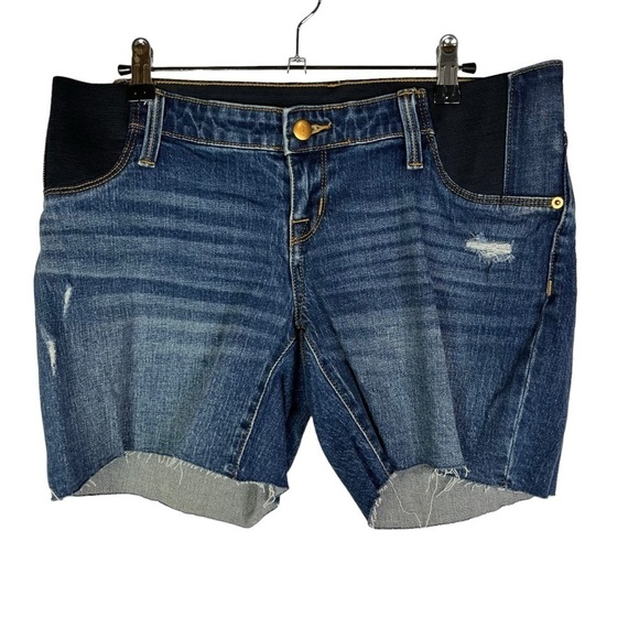 Isabel Maternity Dark Blue Distressed Boyfriend Midi Short Side Panels 2 - Picture 1 of 3